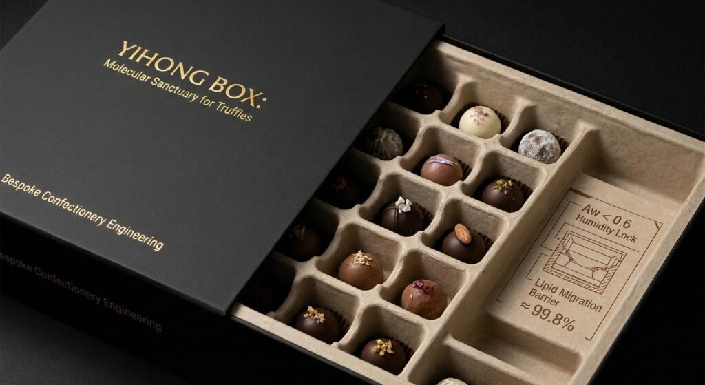 This image showcases a luxurious, matte obsidian truffle chocolate gift box.