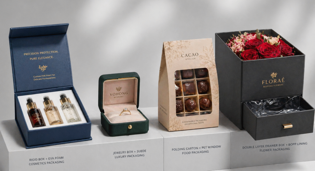 A meticulously curated studio shot showcasing four distinct B2B packaging solutions side-by-side on a clean, light-grey display podium, demonstrating comprehensive manufacturing capability. 1. Left: An open cosmetics rigid box revealing a precision-cut white EVA foam insert holding glass dropper bottles. 2. Center-Left: A compact, luxurious jewelry box with a plush suede interior and subtle hot foil logo. 3. Center-Right: A folding carton for artisan chocolates featuring a clear PET window and intricate food-grade paper dividers. 4. Right: A sturdy, double-layer drawer flower box with a BOPP waterproof lining visible. Professional, crisp lighting illuminates the structural engineering of each insert.
