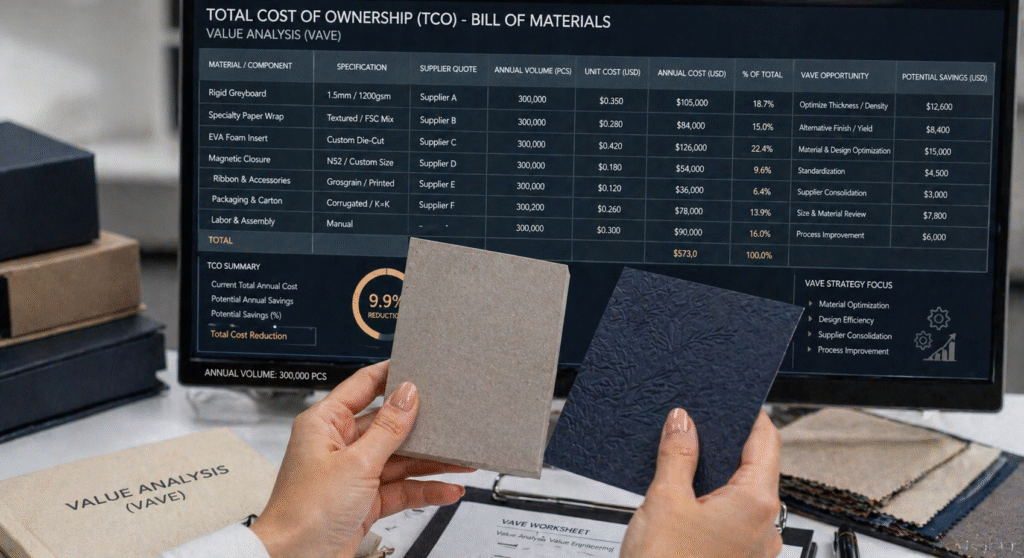 A macro close-up focusing on the meticulous process of Value Analysis (VAVE). A pair of professionally manicured hands (consistent with previous image styles) is evaluating a swatch of high-density greyboard and a piece of textured specialty paper. In the blurred background, a large monitor displays a complex 'Total Cost of Ownership (TCO) Bill of Materials' spreadsheet. The sharpest focus is on the tactile quality of the materials in the foreground, proving that 'cost optimization' does not mean 'cheap materials'. Crisp, analytical lighting.]