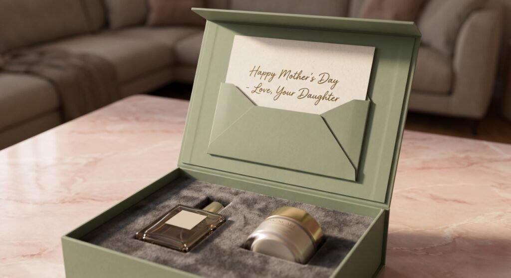 This image is a detailed interior perspective shot focusing on the "inside" engineering and emotional connection. It showcases a fully opened sage green rigid gift box sitting on a soft blush pink marble surface.