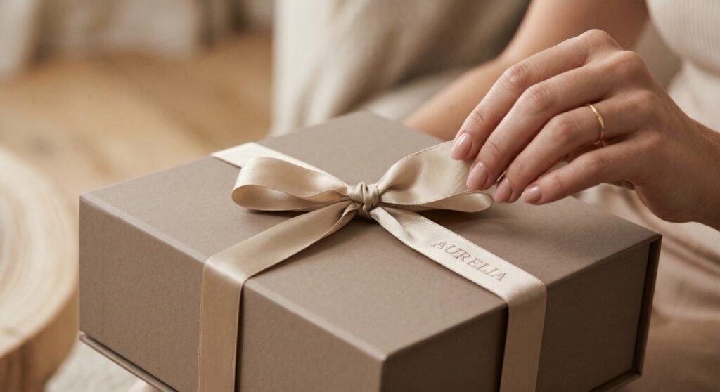 A high-resolution close-up focusing on the emotional "first handshake" of unboxing. A beautifully manicured woman's hand is gently pulling the tail of a thick, customized silk ribbon to untie a bow on a premium matte-neutral rigid gift box. The depth of field is shallow, keeping the sharpest focus on the tactile interplay between the soft silk ribbon and the smooth, flawless finish of the cardboard box. The background is a soft, warm blur.