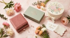 A luxurious, elegant flat-lay composition on a soft blush-pink marble surface, perfectly capturing the Mother's Day gifting aesthetic. The arrangement features a diverse collection of premium custom packaging: a matte sage-green magnetic flip-top cosmetics box, a deep rose-gold velvet jewelry drawer box, and a classic cream-colored floral hat box. Subtle spring blooms like peonies and ranunculus are artfully scattered around. Warm, soft studio lighting highlights the premium textures and rose gold foil accents.