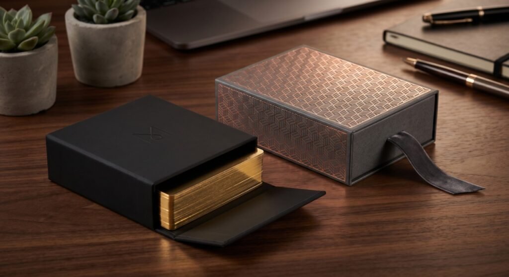 This image is a luxurious flat-lay composition arranged on a sleek dark walnut executive desk (consistent with the style of image_13.png), but focusing on different material surface finishes.