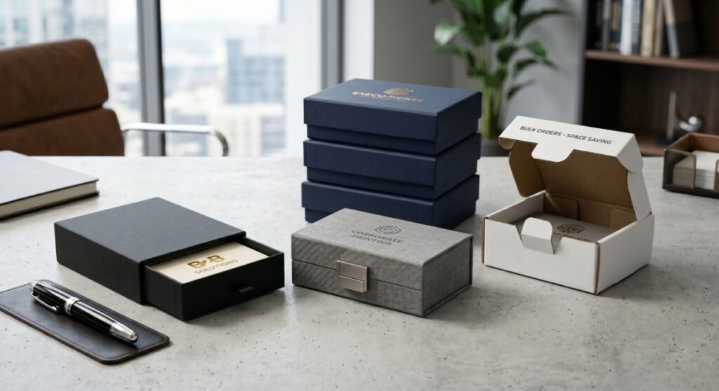 This image showcases the four main B2B business card box structures arranged side-by-side on a minimalist executive desk surface (like light grey concrete or polished light wood).