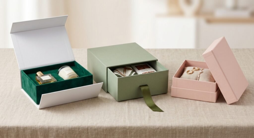 A sophisticated product photography setup displaying three premium 'gift-ready' packaging structures side-by-side on a textured beige linen surface. On the left, a partially open matte-white magnetic flip-top box revealing a luxurious interior. In the center, a sage-green drawer box slightly pulled open by a thick, custom-dyed silk ribbon pull tab. On the right, a classic blush-pink two-piece lid-and-base box with the lid leaning elegantly against the base. Soft, diffused lighting highlights the structural integrity, clean edges, and high-quality rigid board construction of each box, without any secondary wrapping paper needed.]