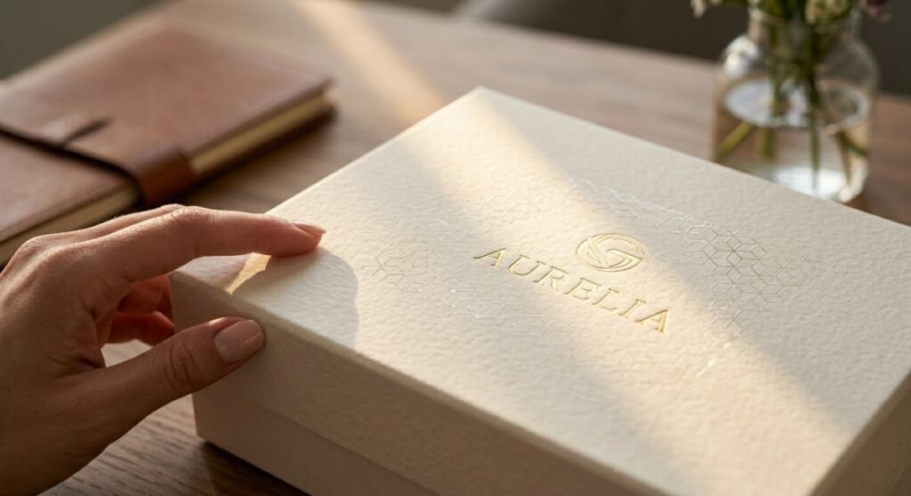 The rest of the box uses significant negative space (white space) without CMYK printing. Warm, sophisticated lighting highlights the contrast between textured matte paper, metallic foil, and glossy UV, demonstrating that strategic, minimal finishes create high visual impact. Authoritative and premium.]