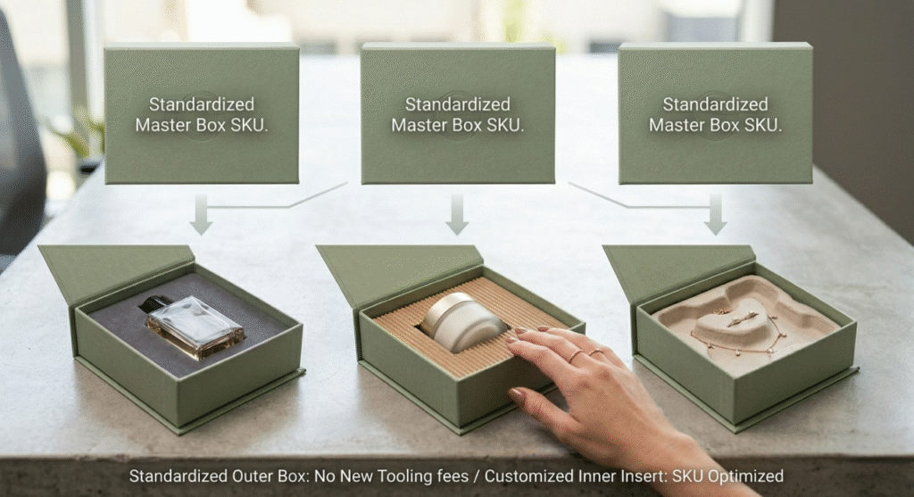 The composition is structured like an engineering matrix, with subtle arrows pointing from closed master boxes to the open variety below. Subtle overlaid corporate graphics read: 'Standardized Outer Box: No New Tooling fees / Customized Inner Insert: SKU Optimized.' Authoritative, analytical lighting.]