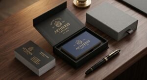 A luxurious flat-lay composition of premium custom business card boxes on a sleek dark walnut executive desk. Features an open matte black magnetic flip-top box with gold foil, a textured grey slide drawer box, and a pristine stack of thick 32pt business cards. Professional, corporate aesthetic with warm, sophisticated lighting.