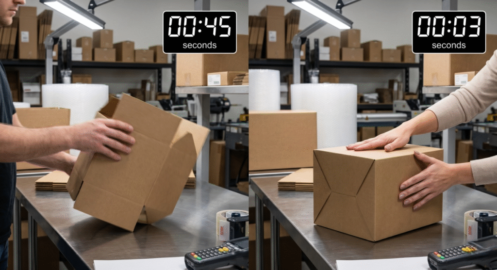 A dynamic side-by-side comparison shot on a modern warehouse packing station. On the left, a blurry, unmanicured hand struggles to fold a standard complex box, with a digital timer overlay reading '00:45 seconds'. On the right, a sharp, manicured hand (consistent style with previous images) effortlessly presses an engineered auto-bottom box, which snaps into a perfectly formed rigid shape, with a timer reading '00:03 seconds'. Focused lighting highlights time efficiency.]