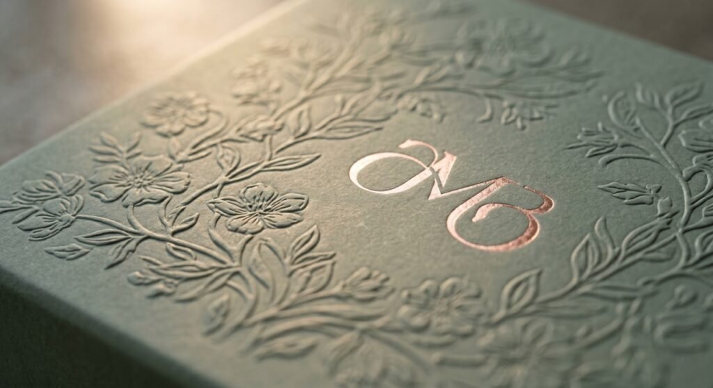 A macro close-up shot of a luxury Mother's Day gift box surface, heavily emphasizing tactile finishes and 2026 aesthetic trends. The primary box color is a sophisticated, muted sage green with a visible soft-touch matte lamination. A delicate, intricate floral pattern is beautifully blind-embossed directly into the rigid paperboard, creating deep tactile ridges. Across this texture, an elegant brand logo is stamped in gleaming rose gold hot foil. A soft, warm directional light sweeps across the surface, casting subtle shadows within the embossing and making the metallic rose gold foil shine brilliantly against the matte background.