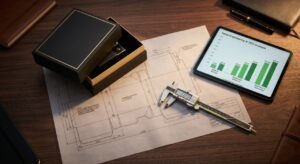 A sophisticated, high-end flat-lay composition on a dark walnut executive desk, perfectly blending luxury packaging with engineering precision. In the center, a premium matte-black rigid box with subtle gold foil accents sits partially open. Right beside it are translucent architectural blueprints (dielines) of the box structure. A sleek, modern tablet displays a rising green chart labeled 'Value Engineering & TCO Analysis'. A metallic digital caliper rests gently on the paperboard. Dramatic, warm studio lighting highlights the premium textures of the box while emphasizing the data-driven approach to cost optimization.