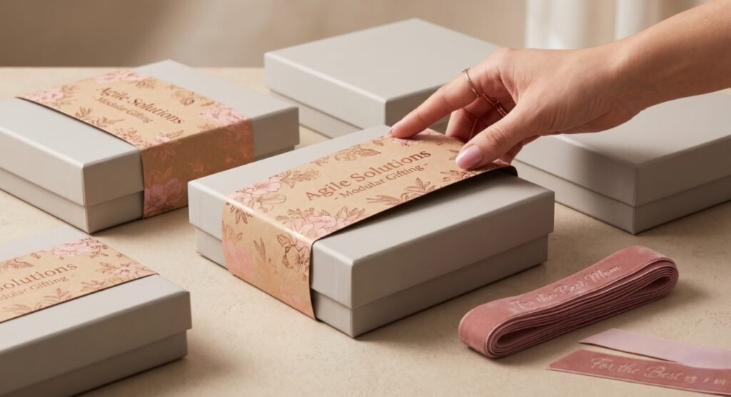 This image is a professional studio close-up focusing on the dynamic application of modular packaging for "agility." On a clean, modern beige work surface, several standard, matte-neutral (like light grey or beige) rigid gift boxes are placed. A professionally manicured woman's hand is cleanly sliding a beautifully printed custom paper sleeve (belly band) featuring rose gold hot foil stamping and blush pink floral patterns onto one standard box. Beside it, several customized ribbons embossed with "For the Best Mom" are neatly stacked. Focused lighting highlights the texture of the Kraft paper sleeve, the metallic shine, and the high quality of the standard box itself.