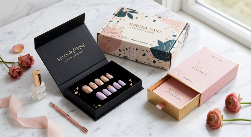 A curated arrangement of premium, bespoke nail packaging boxes on a soft, marble surface, including an open magnetic box revealing nails, a drawer box, and a corrugated mailer.