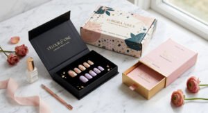 A curated arrangement of premium, bespoke nail packaging boxes on a soft, marble surface, including an open magnetic box revealing nails, a drawer box, and a corrugated mailer.