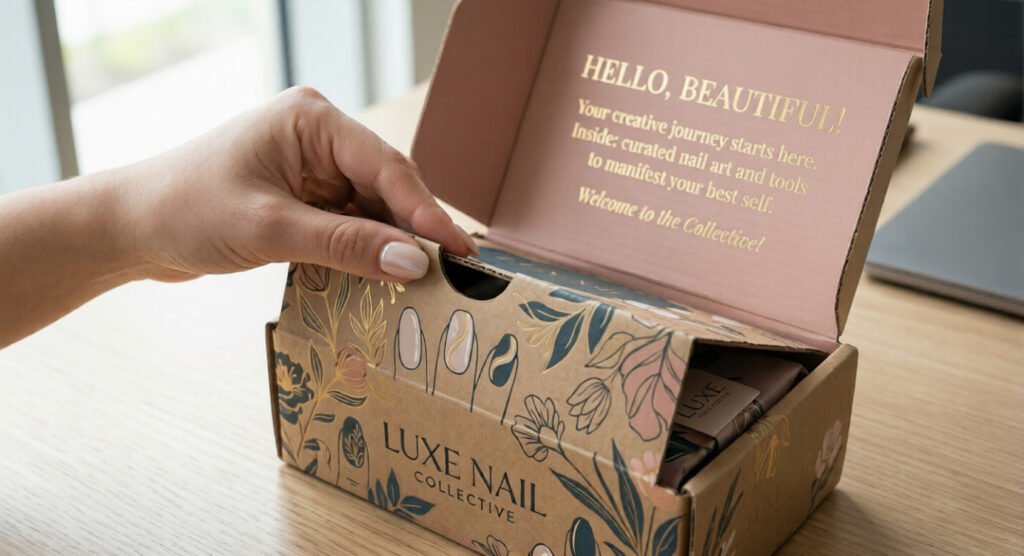 A focused close-up of an elegant, well-manicured hand opening a custom-printed corrugated nail subscription mailer box.