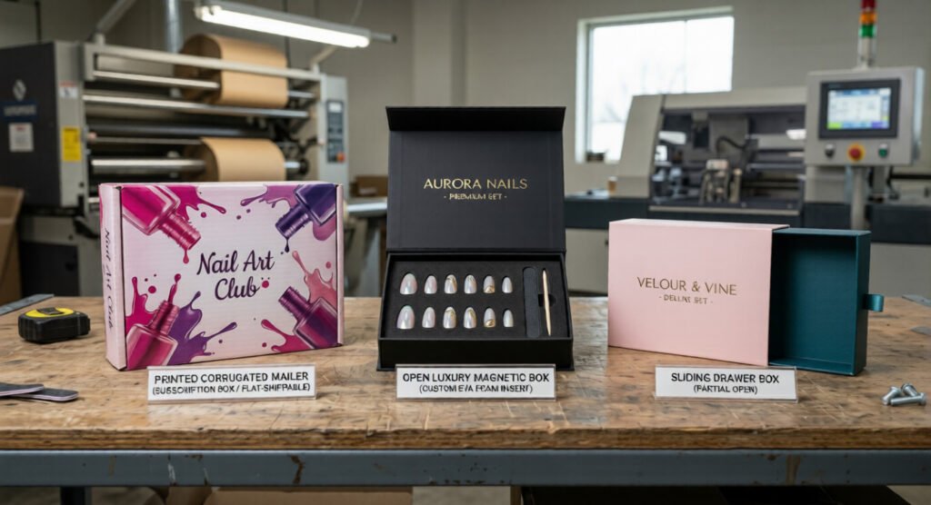 A highly technical product photograph displaying three types of nail box structures side-by-side on a light industrial workshop bench.