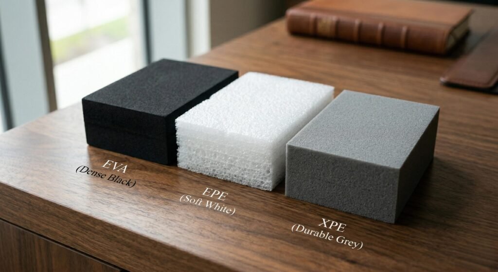 From left to right: a dense black EVA foam block with sharp CNC-cut edges, a softer white EPE (Pearl Cotton) block, and a durable grey XPE block.