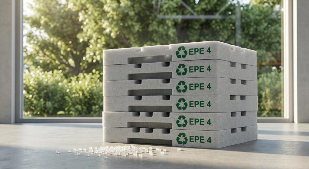 It features a stack of clean, finished EPE foam packaging inserts, each prominently stamped with the green triangular recycling symbol and 'EPE 4' text.