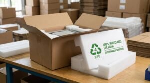 Eco-friendly EPE foam inserts with green recycling logo for sustainable shipping.