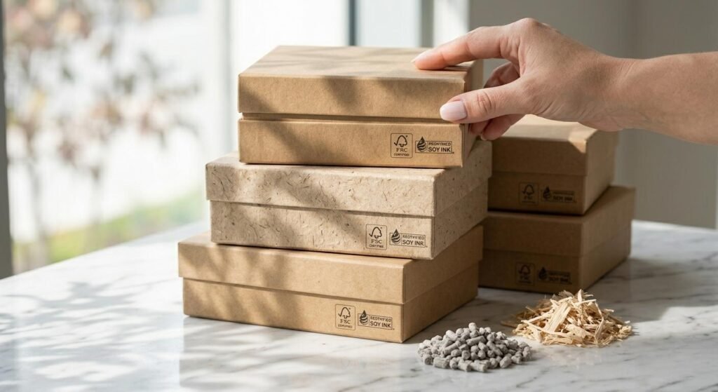 A curated product photograph showcasing a stack of eco-friendly rigid flower boxes made from natural paper textures, labeled with verification text: 'FSC CERTIFIED' and 'SOY INK'. Small piles of recycled paper pulp pellets and wood fibers are next to the stack on the marble surface. Soft natural light with gentle leaf shadows.