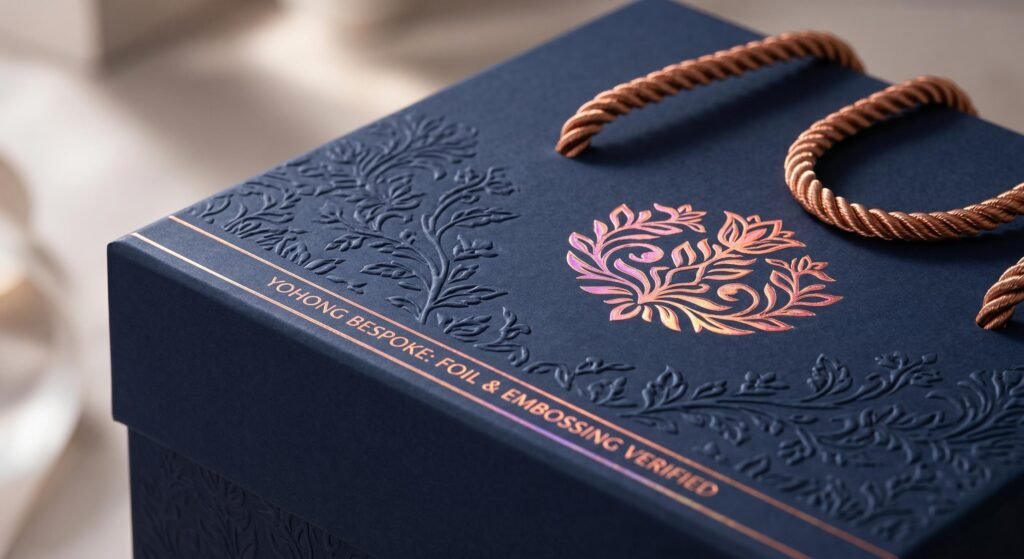 A close-up product photograph focused on advanced customization applied to a unique flower gift box surface, distinct from all previous images. Features a custom embossing die creating a raised pattern, iridescent copper hot foil stamping, and a distinct twisted metallic copper cord handle on matte dark navy blue textured paper.