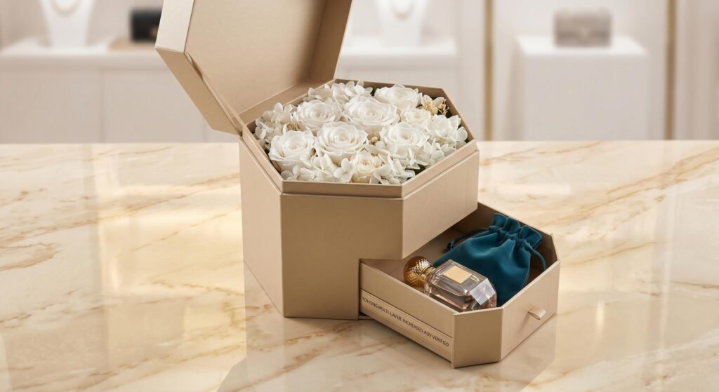 A photorealistic curated product photograph showcasing a complex 'Double-Layer' hexagonal flower gift box on a polished champagne-colored marble surface, distinct from all previous images. The top section is open with preserved white roses, and a side drawer slides out to reveal a unique perfume bottle and velvet pouch.