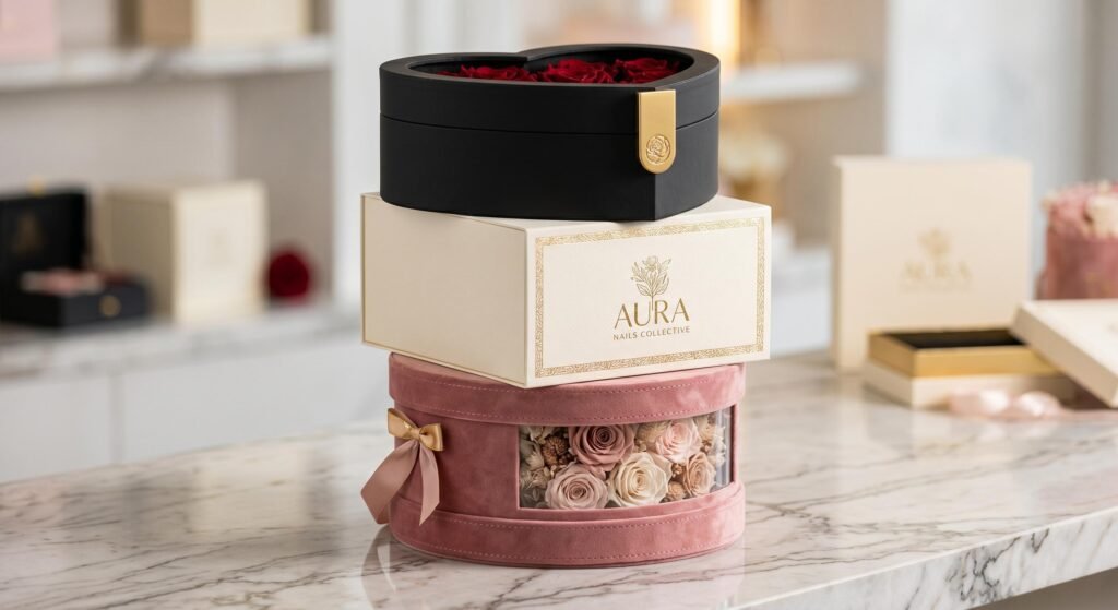 A detailed product photograph focused on the texture and precise construction of the stacked luxury flower boxes on a polished marble counter. Highlighting the matte black, deep blush pink, and cream colors.