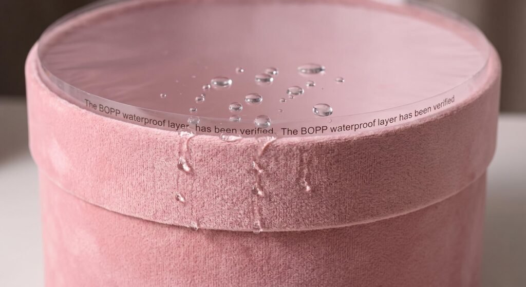 A focused close-up capturing a blush pink velvet round hat box. A hand is pressing down, and beads of water visibly roll off the BOPP waterproof lamination. Verification text is subtly printed verbatim: 'BOPP WATERPROOF LAYER VERIFIED'. Condensation is gathering. The structure holds shape, demonstrating rigidity.