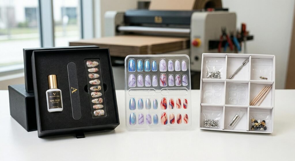 A close-up photograph showcasing three different custom nail box inserts side-by-side: black EVA foam holding a kit, a clear PET plastic tray showcasing nails, and clean white cardboard dividers organizing accessories.