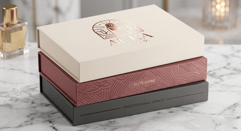 A glamorous, photorealistic photograph focusing on premium branding techniques applied to a stack of luxury custom nail boxes on a marble surface. The top box features rose gold hot foil stamping, while another below shows Spot UV and embossing.