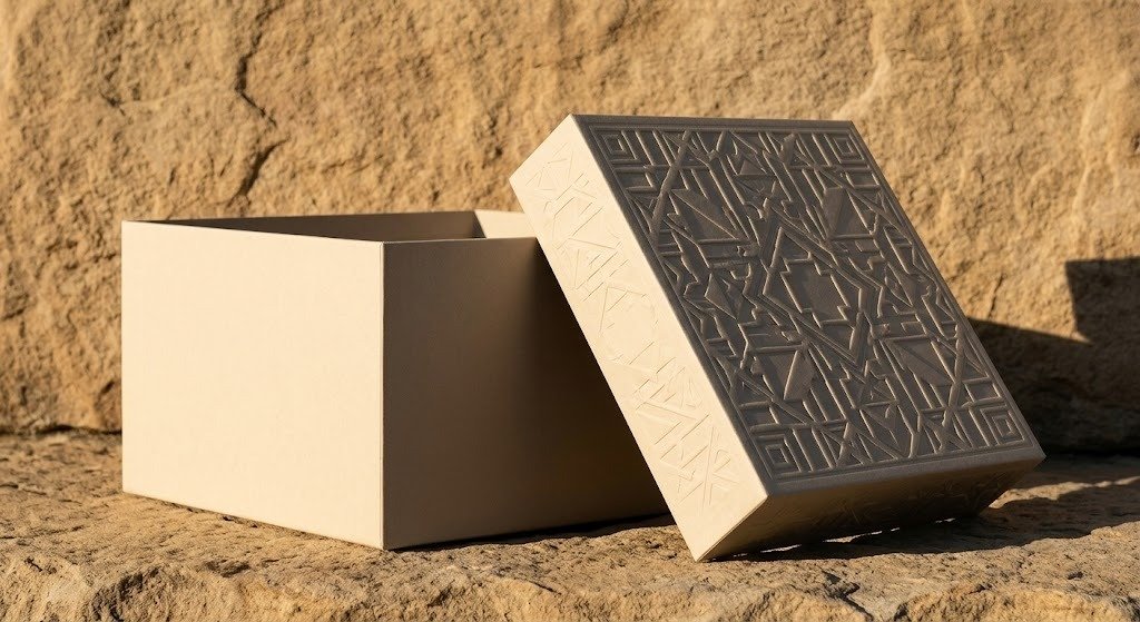 A beautifully crafted premium rigid box lid with deep blind embossing leaning against its minimalist deep base, set on warm natural sandstone in soft sunset lighting.