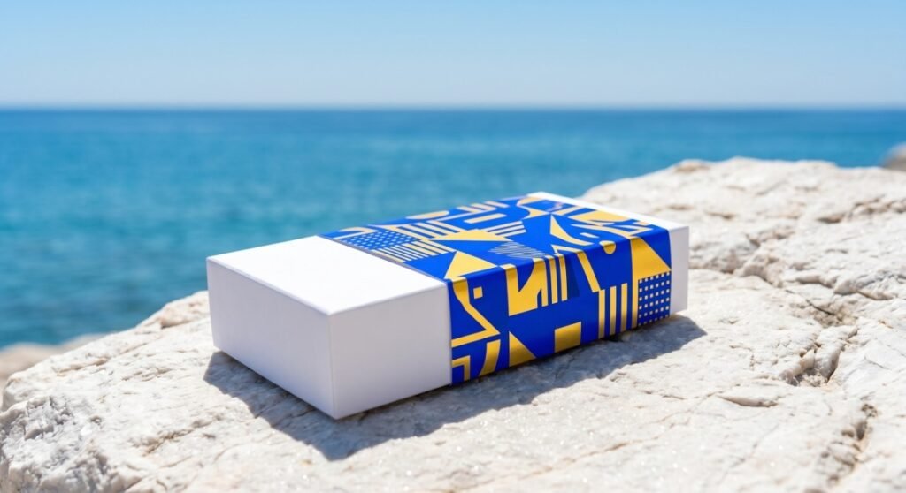 A stark white base mailer box halfway covered by a striking cobalt blue and gold geometric printed paper sleeve, set on a natural white marble cliff with a blurred calm ocean in the background.