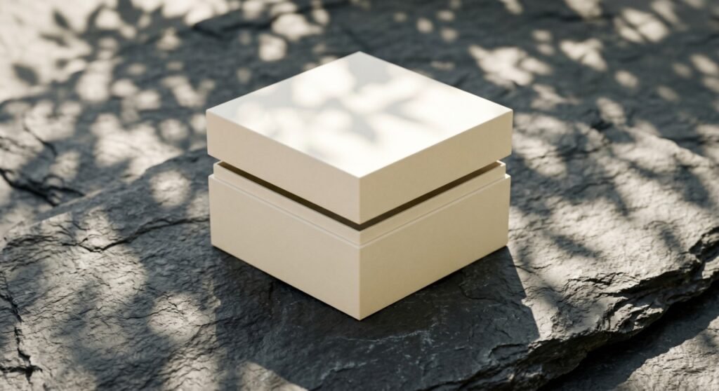 A premium top-and-bottom rigid box partially open on a natural slate stone, demonstrating the perfect vacuum fit and slow-motion reveal of luxury packaging under dappled sunlight.