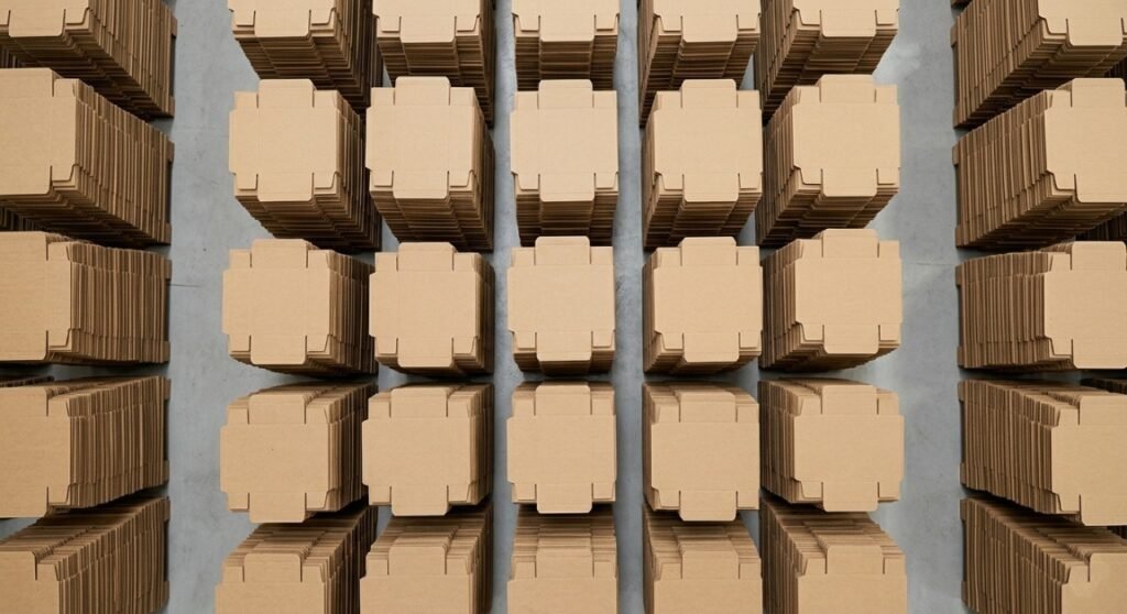 Set against a minimalist backdrop of walnut wood and plaster, a high-end matte black rigid gift box is juxtaposed with a stack of flat-packed kraft paper folding cartons, emphasizing the contrast in their materials and structural forms.
