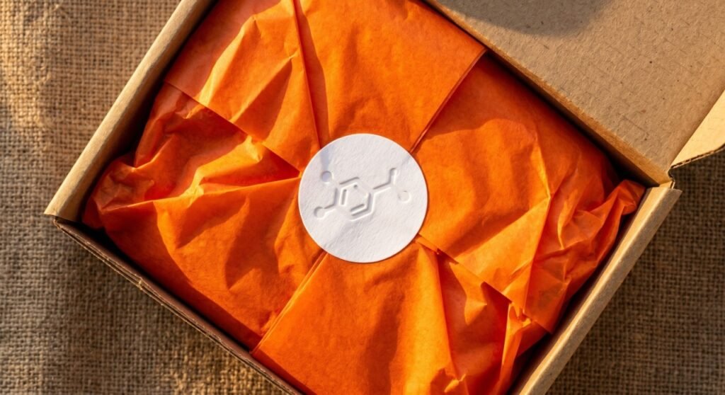 Extreme close-up of a partially opened subscription box revealing incredibly vibrant tangerine tissue paper sealed with a thick embossed sticker, bathed in warm golden hour sunlight.