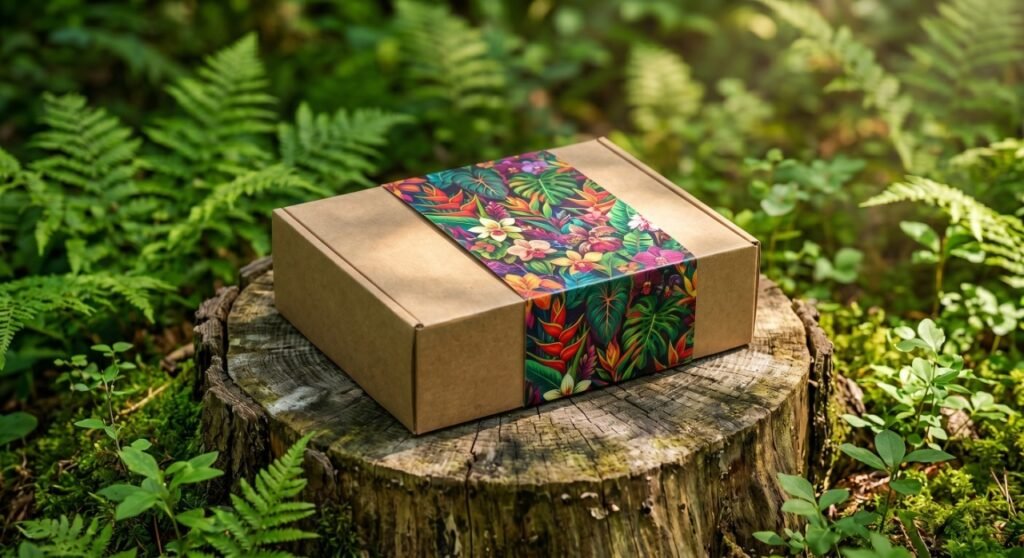 A premium unbleached kraft mailer box partially enveloped by a vibrantly printed botanical paper sleeve, resting on a weathered wooden stump surrounded by lush forest ferns.