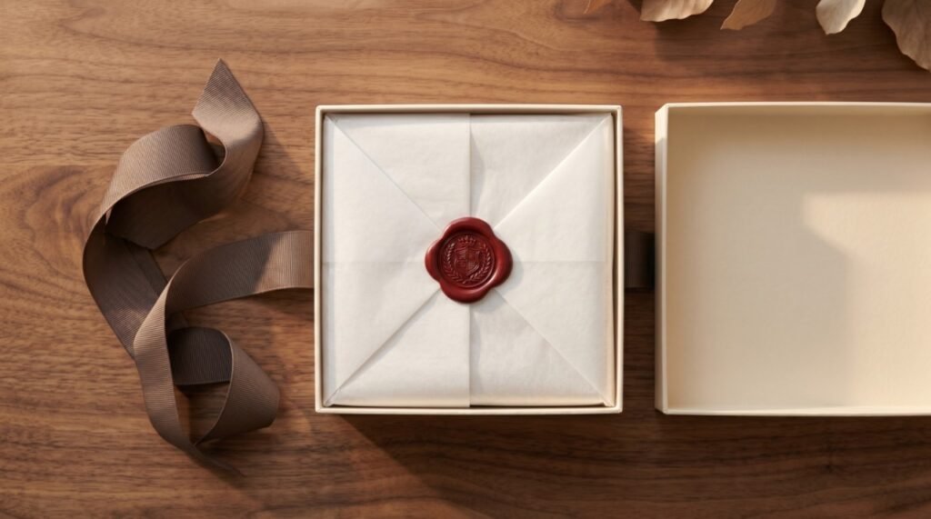 Top-down view of an open premium gift box revealing crisp custom tissue paper sealed with a heavy classic wax seal, surrounded by an untied thick grosgrain ribbon on a natural wood surface.