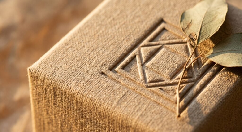 Extreme close-up of a luxury skincare box featuring a deep blind debossed geometric logo on natural textured linen paper, bathed in warm golden hour sunlight.