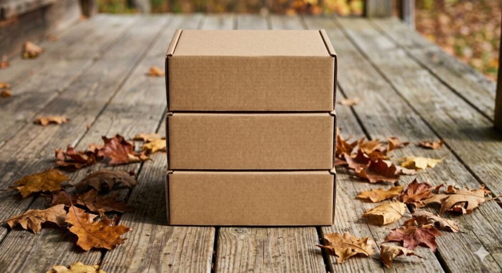 A neat stack of three identical, high-quality blank corrugated mailer boxes on a rustic wooden porch surrounded by autumn leaves, representing recurring monthly subscription deliveries.
