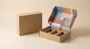 Premium custom E-flute mailer boxes for subscription businesses, showcasing a minimalist closed shipping profile alongside an open box revealing vibrant inside printing, set on a clean studio background.