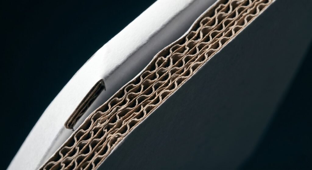 Extreme macro photography of an E-flute corrugated cardboard edge, highlighting the 1.5mm thick double-wall structure and the smooth printing surface of a premium mailer box.