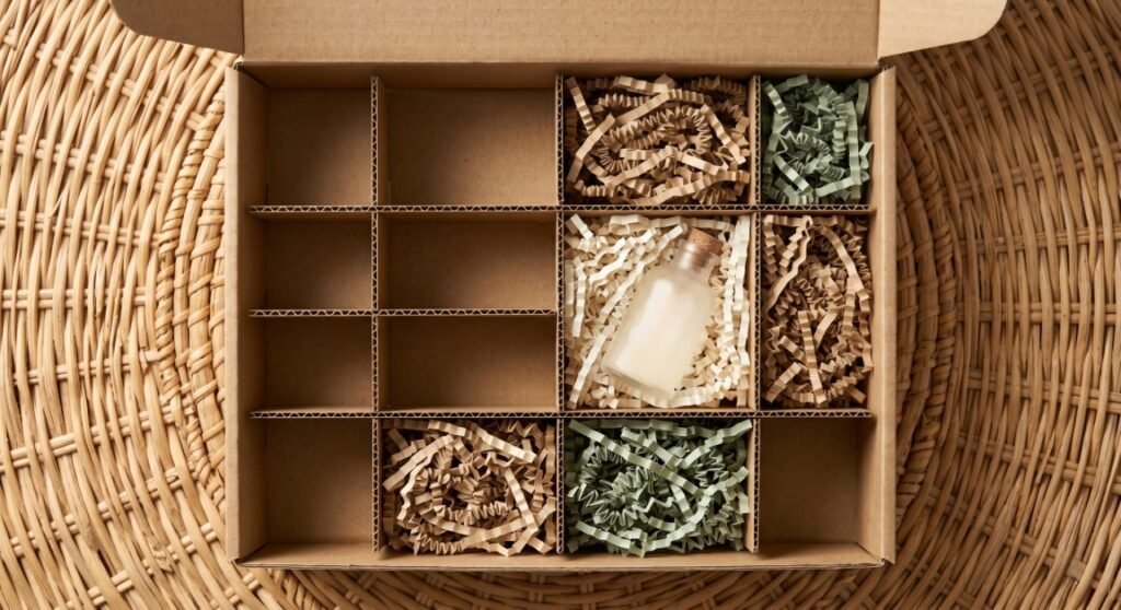 Top-down view of an open premium mailer box featuring an adjustable corrugated grid divider system filled with elegant crinkle paper, set on a natural woven rattan surface.
