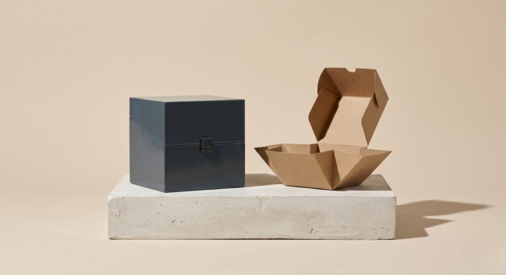 Premium custom packaging comparison showing a luxury rigid box and a flat-packed folding carton on a minimalist background.