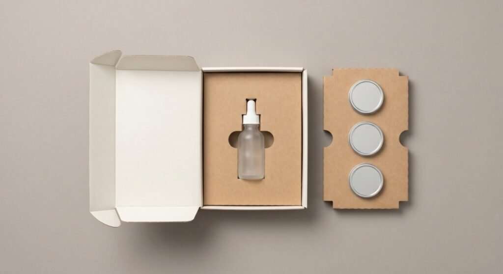 Minimalist studio flat lay showing one standard premium mailer box alongside two distinctly different interchangeable die-cut cardboard inserts, illustrating modular B2B packaging design.