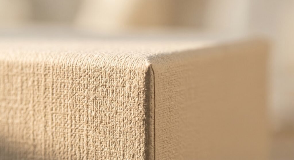 Close-up of elegant textured specialty paper on a premium rigid box corner, illuminated by warm soft light to emphasize tactile friction and physical luxury.