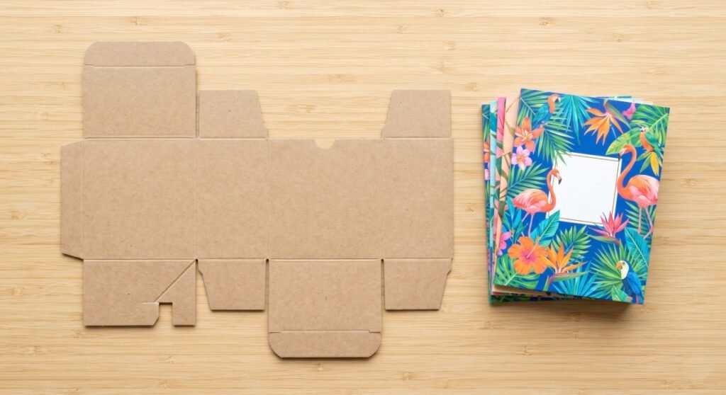 A pristine flat-packed unbleached kraft mailer box alongside a stack of vibrant flat printed sleeves, laid out on a clean natural bamboo table, highlighting logistics agility and eco-friendly packaging.