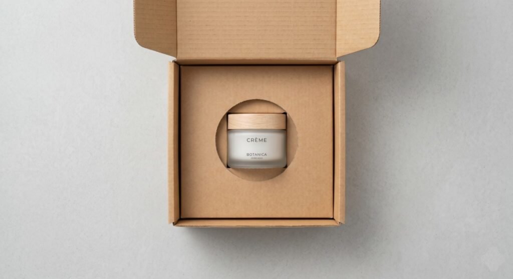 Top-down minimalist view of a perfectly right-sized custom corrugated mailer box with a precise cardboard insert holding a glass jar, illustrating DIM weight optimization without void space.