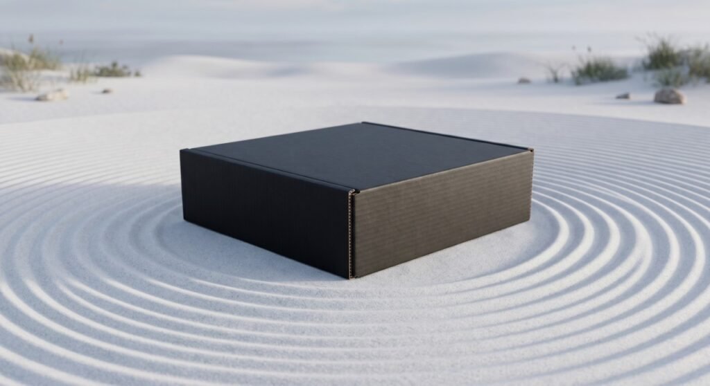 A pristine, completely unprinted heavy-duty matte black corrugated mailer box resting on flawlessly rippled white desert sand, representing the unchanging standardized packaging core.