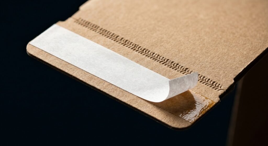 Extreme macro close-up of a premium kraft mailer box flap, highlighting the pre-applied peel-and-seal adhesive strip and the perforated security tear strip for efficient fulfillment.