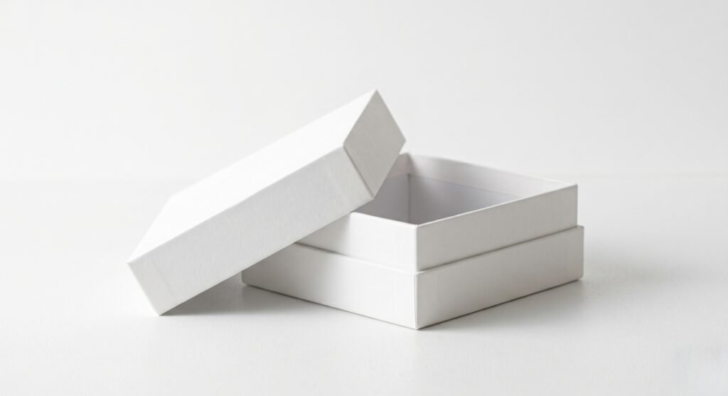 A blank premium custom packaging box on a sleek white surface, representing B2B structural design choices.
